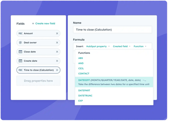 Simplified user interface in HubSpot showing how a user can create new custom fields in the HubSpot CRM database